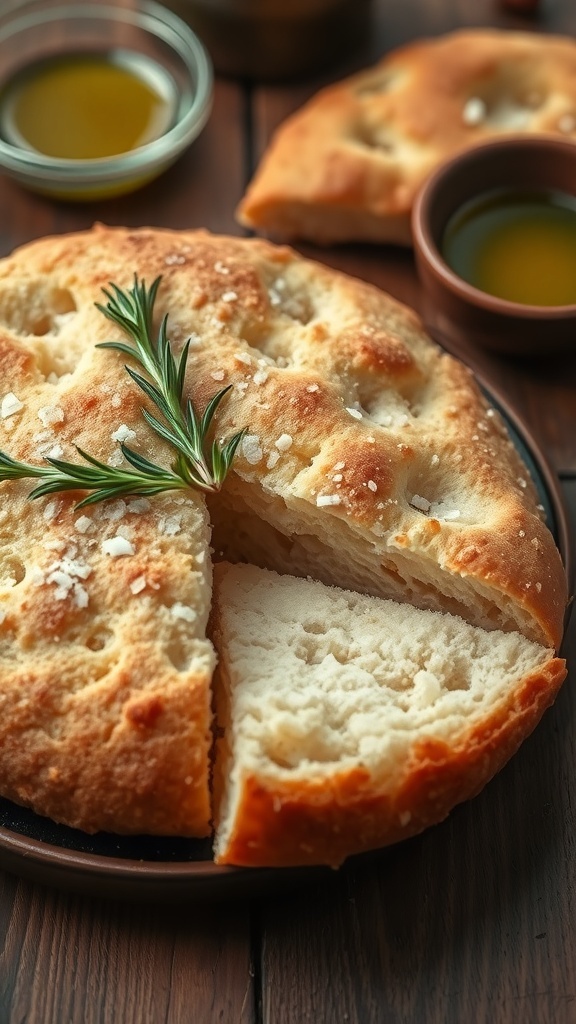 Beginner Freshly baked focaccia bread with rosemary and sea salt, sliced on a wooden table with olive oil.